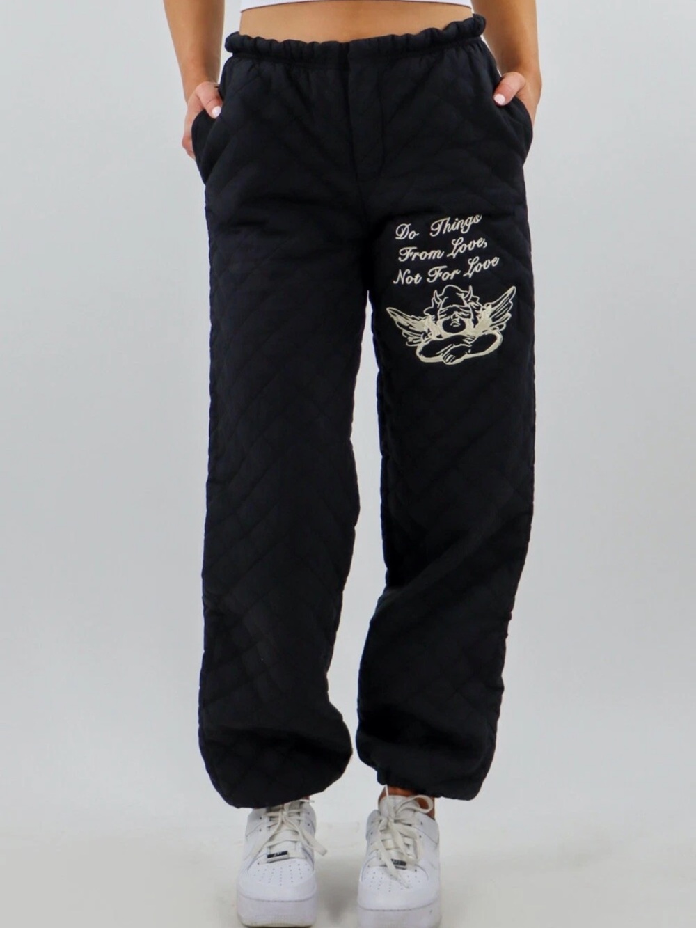 Boys Lie Black Quilted Sweatpants with Angel Graphic